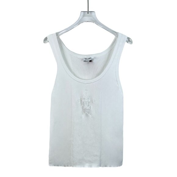 Chanel White Ribbed Cotton Blend Sleeveless Knit Vest With Lace Star Cutout Deta - Picture 1 of 8
